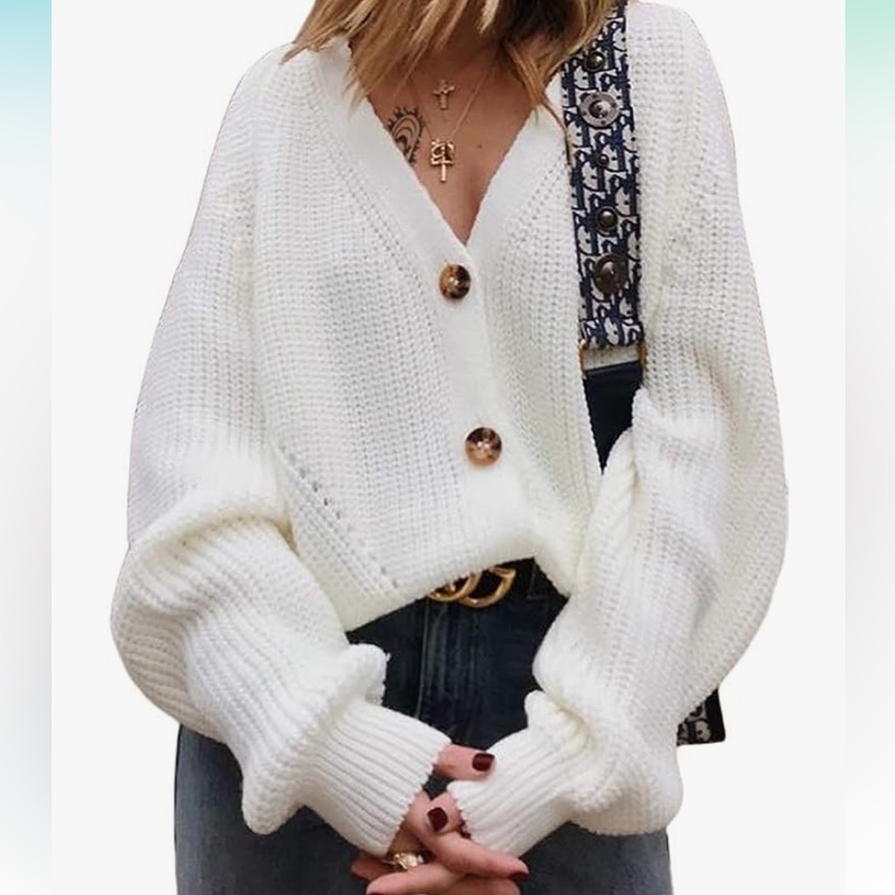 EXLURA Womens V Neck Open Front Button Down Knit Cardigan Sweater Size large